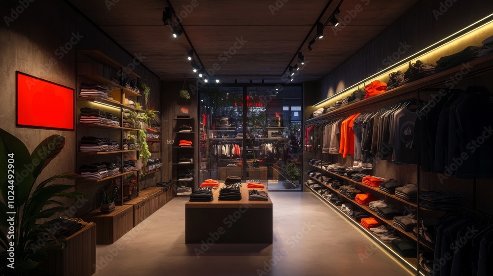 Modern Minimalist Clothing Store Interior with Warm Lighting and Display Shelving Modern Minimalist Clothing Store Interior with Warm Lighting and Display Shelving
