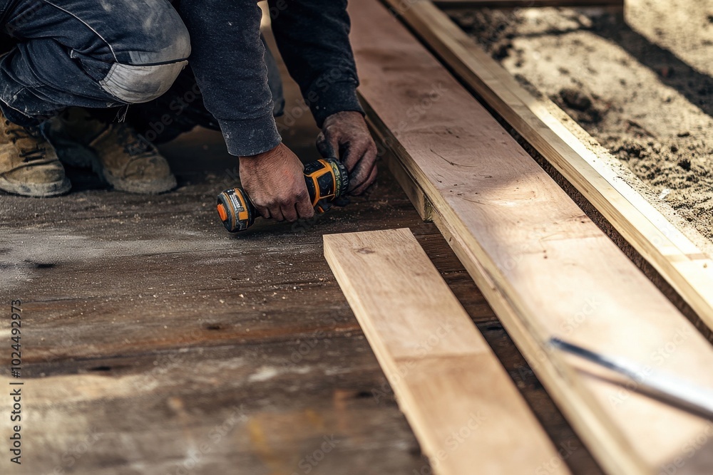 A worker kneeling on the ground, fastening a wooden plank to the structure of a deck A worker kneeling on the ground, fastening a wooden plank to the structure of a deck