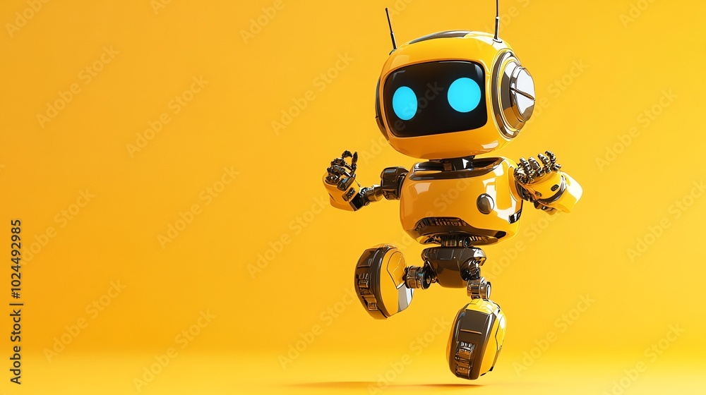 A yellow robot with blue eyes jumps in front of a yellow background. A yellow robot with blue eyes jumps in front of a yellow background.