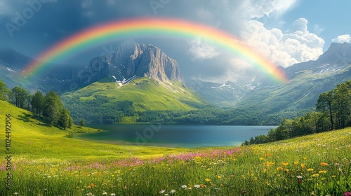 Vibrant rainbow over a scenic forest lake 