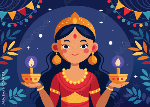 Festive diwali celebration with girl holding candles in traditional attire