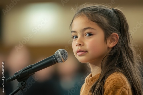 A young girl stands at a microphone, speaking confidently to an audience. Her expression