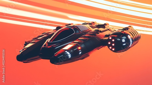 Futuristic spaceship with glowing lights flying in space with red streaks in the background.