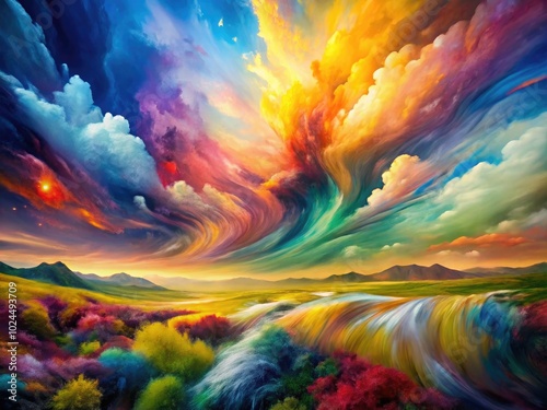 A mesmerizing landscape bursts with lively colors, featuring dynamic paint splashes and swirling patterns that evoke energy and emotion in a stunning abstract composition.
