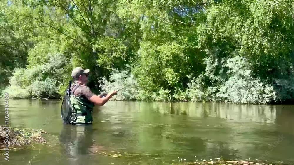 Video of an angler casting fishing line in river Video of an angler casting fishing line in river