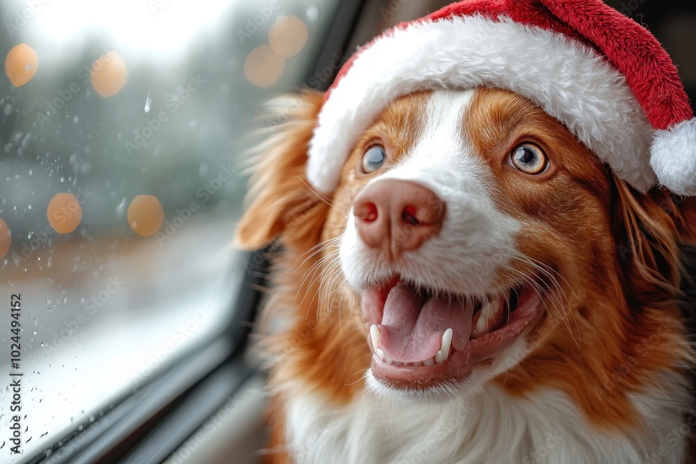 Happy Red Border Collie Dog Wearing Santa Hat Sitting in a Car, Looking Out the Window, Christmas or New Year Travel Concept
Happy Red Border Collie Dog Wearing Santa Hat Sitting in a Car, Looking Out the Window, Christmas or New Year Travel Concept