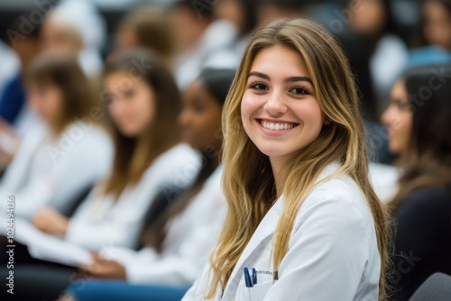 A young woman in a white coat sits confidently in a large classroom filled with students