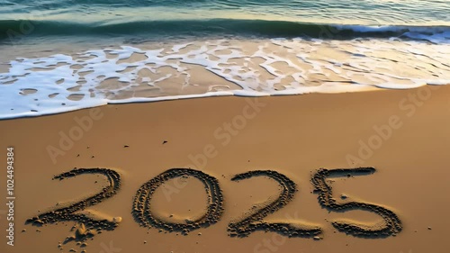 Waves washing 2025 written on sandy beach photo