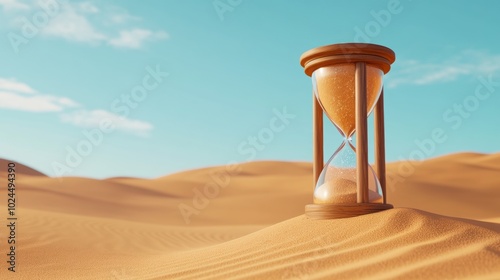 Hourglass resting on a sand dune under a clear blue sky, AI