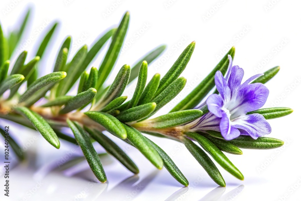Macro shot of a asymmetrical sprig of rosemary with purple flowers blooming Macro shot of a asymmetrical sprig of rosemary with purple flowers blooming
