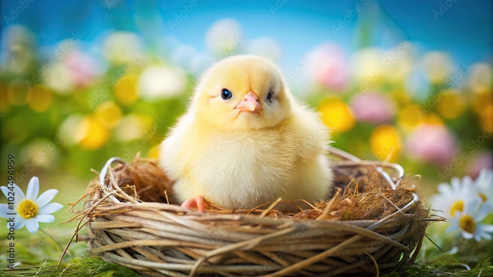 Macro shot of a chubby chick falling into her nest against an Easter background, with a beautiful reflection Macro shot of a chubby chick falling into her nest against an Easter background, with a beautiful reflection