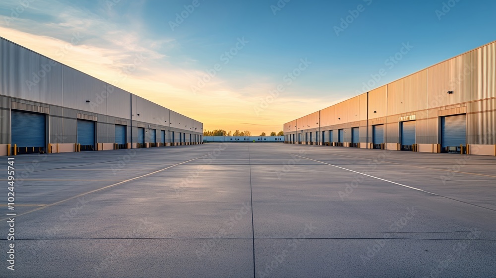 Rows of loading docks on a warehouse building at sunset Rows of loading docks on a warehouse building at sunset
