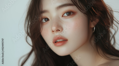 A beautiful asian woman model with brown hair, natural makeup.