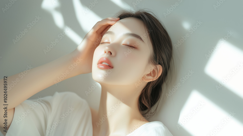 Naklejka premium A beautiful aisian woman model in a white shirt