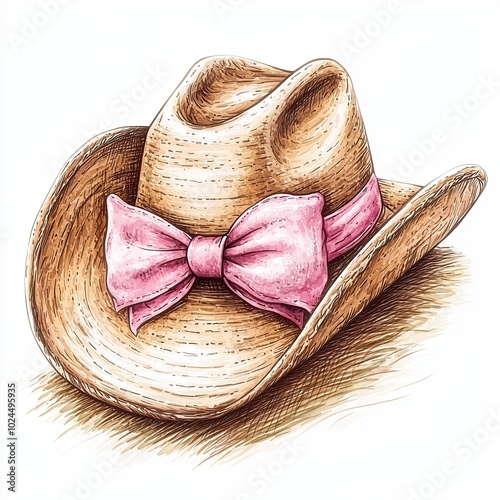 Cowboy hat with pink ribbon bow, A detailed illustration of a cowboy hat decorated with a pink ribbon bow, combining Western style with a touch of feminine charm.

