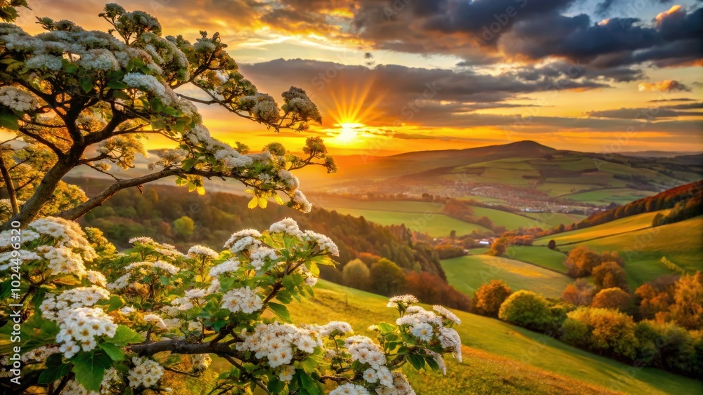 Fototapeta premium A stunning landscape featuring Zweigriffeliger Weidorn, with rolling hills bathed in warm autumn light, showcasing nature's beauty and tranquil charm in vibrant colors.