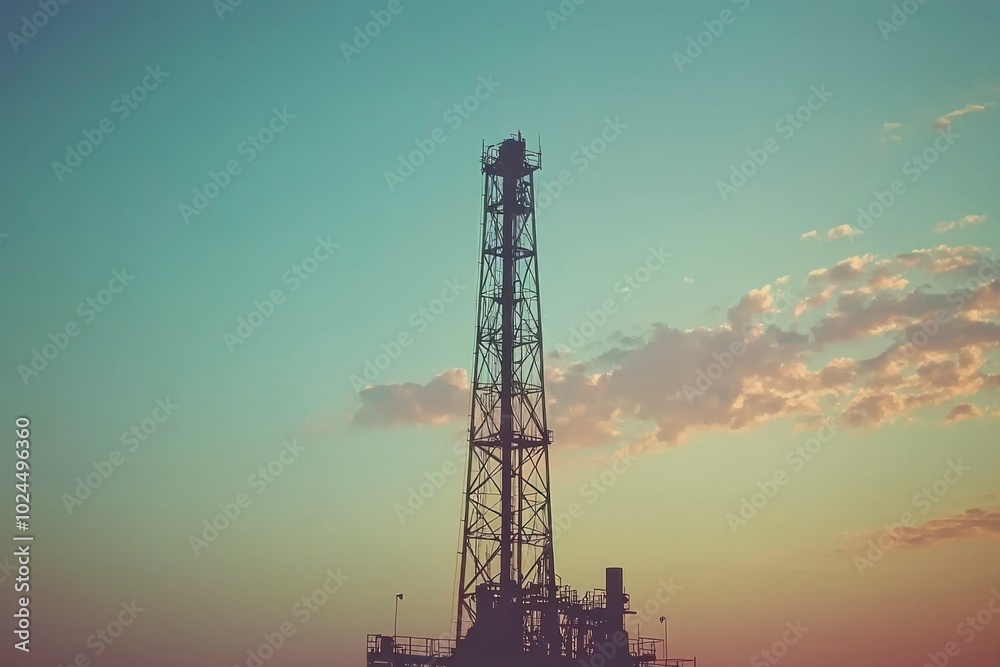 Tall industrial tower silhouetted against a cloudy sky at sunset. Tall industrial tower silhouetted against a cloudy sky at sunset.