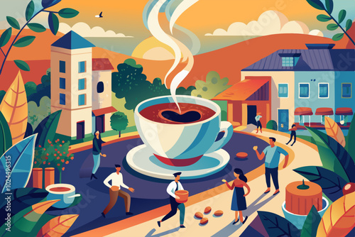 International coffee day celebration in a vibrant village scene with people enjoying coffee