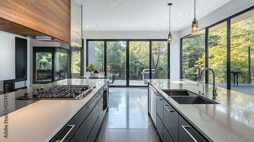 Modern kitchen with white cabinets, stainless steel appliances, and large windows overlooking a wooded area.