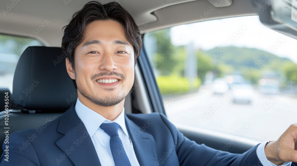 A young Japanese man in a formal suit smiles brightly as he drives, looking happy. A young Japanese man in a formal suit smiles brightly as he drives, looking happy.