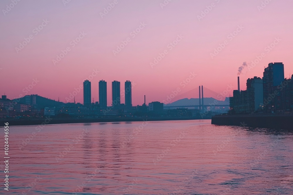 Silhouetted Cityscape at Dusk with Pink Sky Reflected in Rippling Water Silhouetted Cityscape at Dusk with Pink Sky Reflected in Rippling Water