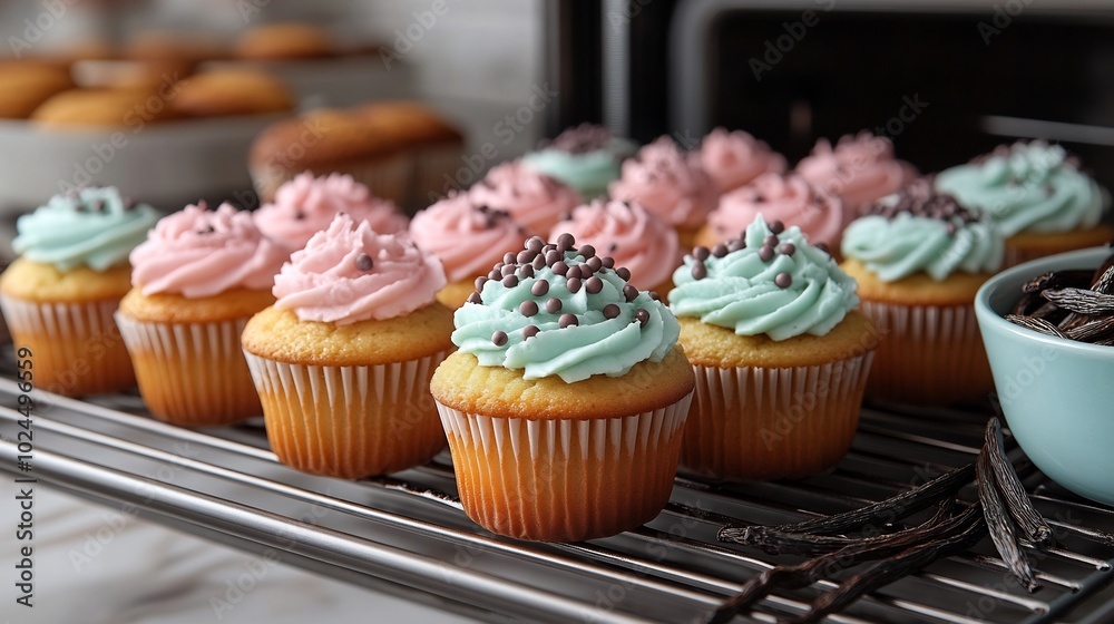 Vanilla bean cupcakes baking the oven with vanilla beans and pastel frosting on the side offering a light and sweet dessert perfect for birthdays parties or celebrations Vanilla bean cupcakes baking the oven with vanilla beans and pastel frosting on the side offering a light and sweet dessert perfect for birthdays parties or celebrations