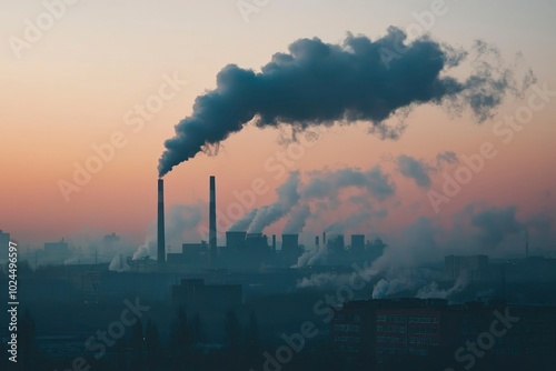 Industrial Smoke Plumes at Dawn over a City Skyline