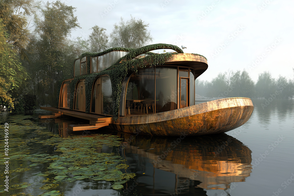 architecture by ai, houseboat in organic shape swimming on water of calm lake, roof covered with plants, wooden and glass materials with bamboo accents, photorealistic architecture by ai, houseboat in organic shape swimming on water of calm lake, roof covered with plants, wooden and glass materials with bamboo accents, photorealistic
