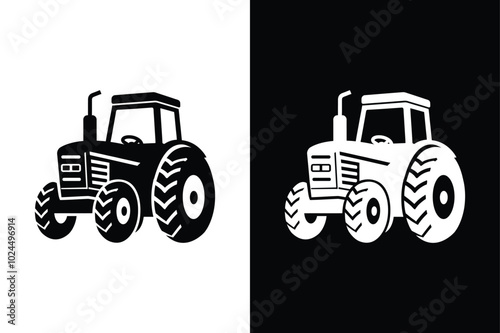 Farm Life in Black And White Tractor Silhouette Vector Icon.