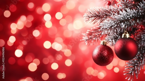  festive christmas tree adorned with ornaments against vibrant red background with sparkling bokeh lights photo