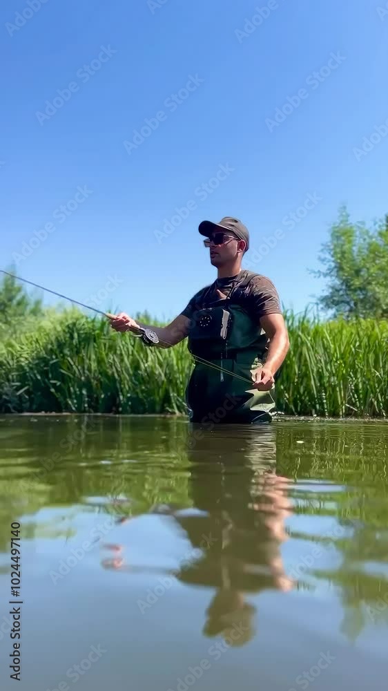 Video of an angler fly fishing in river with focus Video of an angler fly fishing in river with focus