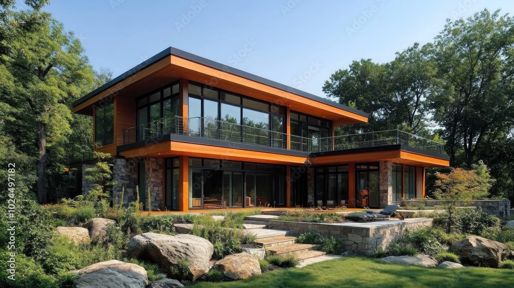 Modern home with large windows, a balcony, and a patio surrounded by lush greenery. Modern home with large windows, a balcony, and a patio surrounded by lush greenery.