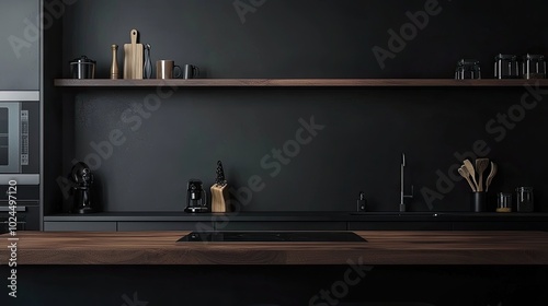Kitchen interior with black walls, wooden countertops and wooden shelves with cooking utensils