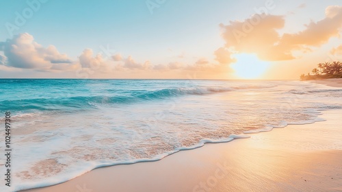 A pristine beach with clear blue water and a golden sunset.