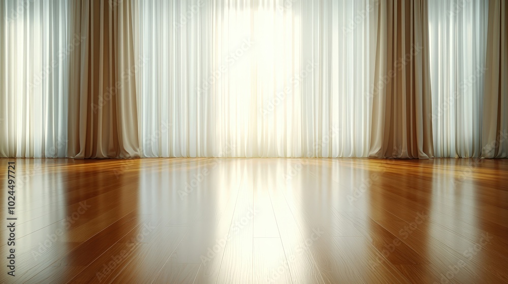 A large room with white curtains and a window A large room with white curtains and a window