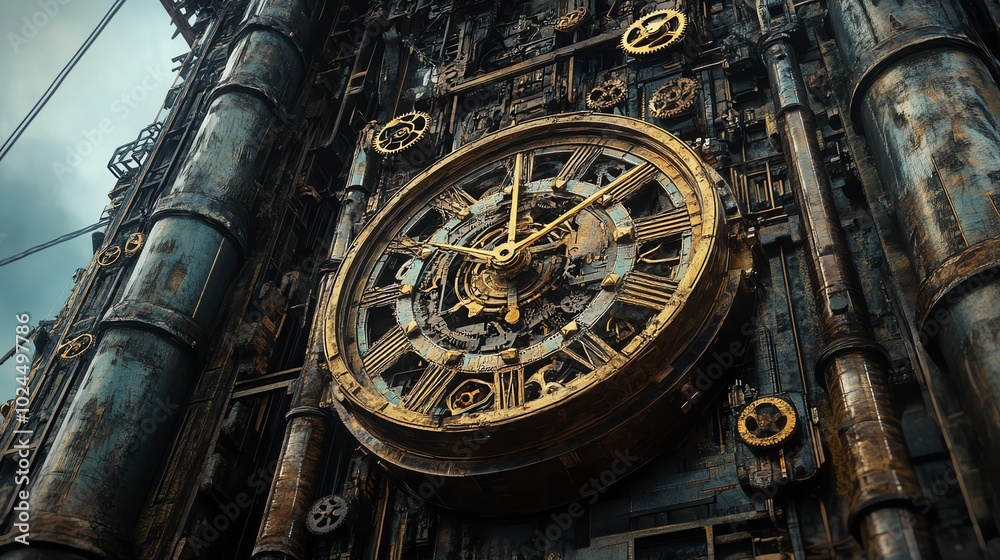 A close-up of a large, intricate steampunk clock face on a tower, with gears and pipes visible. A close-up of a large, intricate steampunk clock face on a tower, with gears and pipes visible.