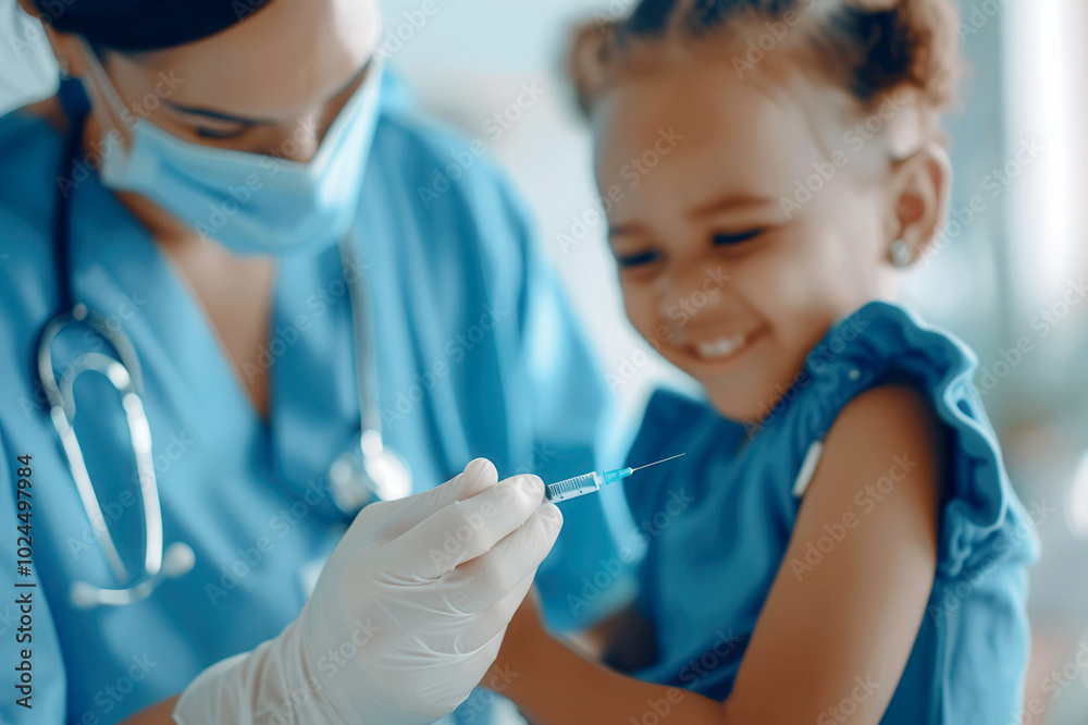 Pediatric Nurse giving a vaccine to a smiling child in a medical setting Pediatric Nurse giving a vaccine to a smiling child in a medical setting