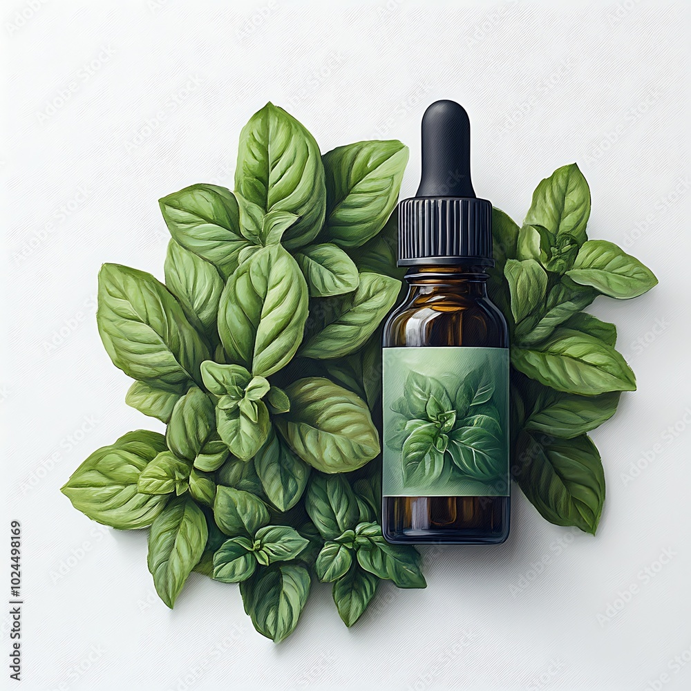 Glass Bottle of Basil Essential Oil Surrounded by Green Basil Leaves. Glass Bottle of Basil Essential Oil Surrounded by Green Basil Leaves.