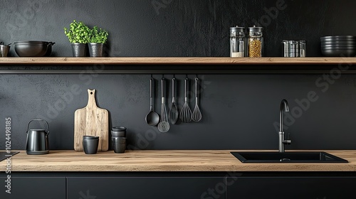 Kitchen interior with black walls, wooden countertops and wooden shelves with cooking utensils