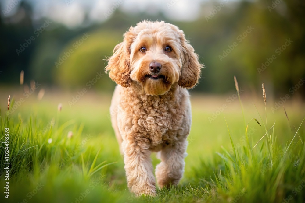 Macro shot of cute Cockapoo dog walking in grassy field Macro shot of cute Cockapoo dog walking in grassy field