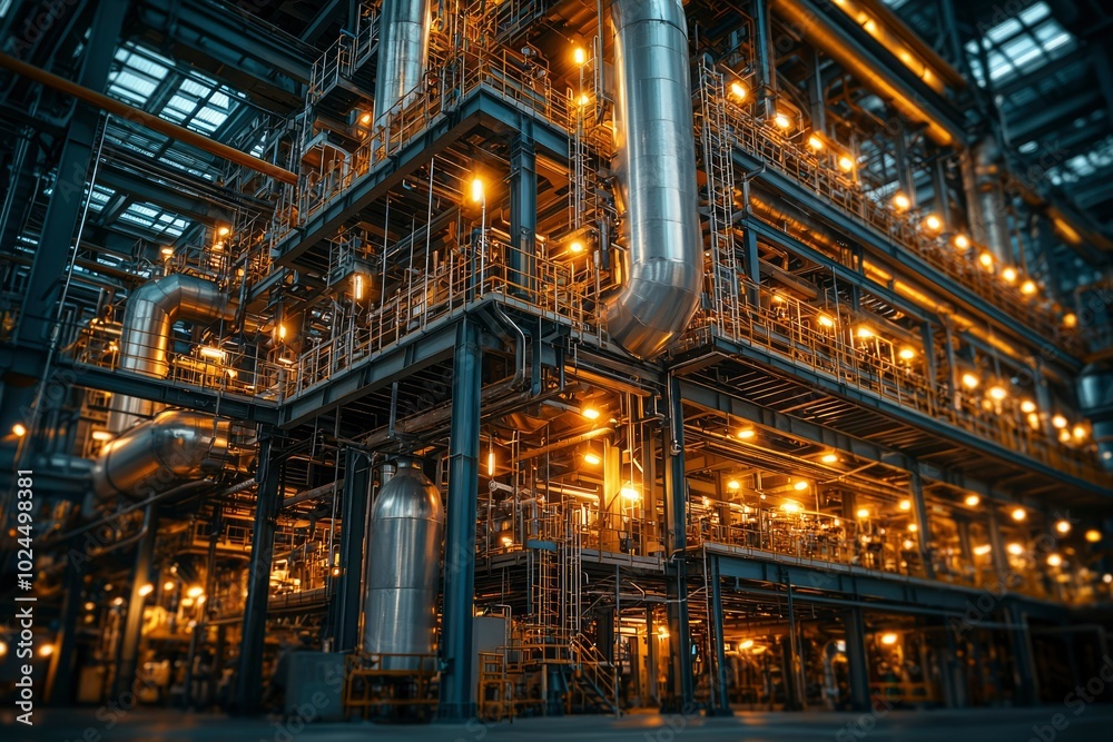 Industrial Plant with Intricate Piping and Lighting Industrial Plant with Intricate Piping and Lighting