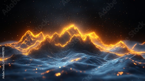 A glowing mountain range with sparkling light, like a fiery landscape.