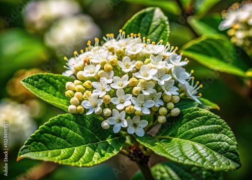 Breathtaking macro shot of Viburnum Tinus, showcasing the stunning Laurustinus flowers with intricate details and vibrant colors that highlight the beauty of nature in bloom. photo