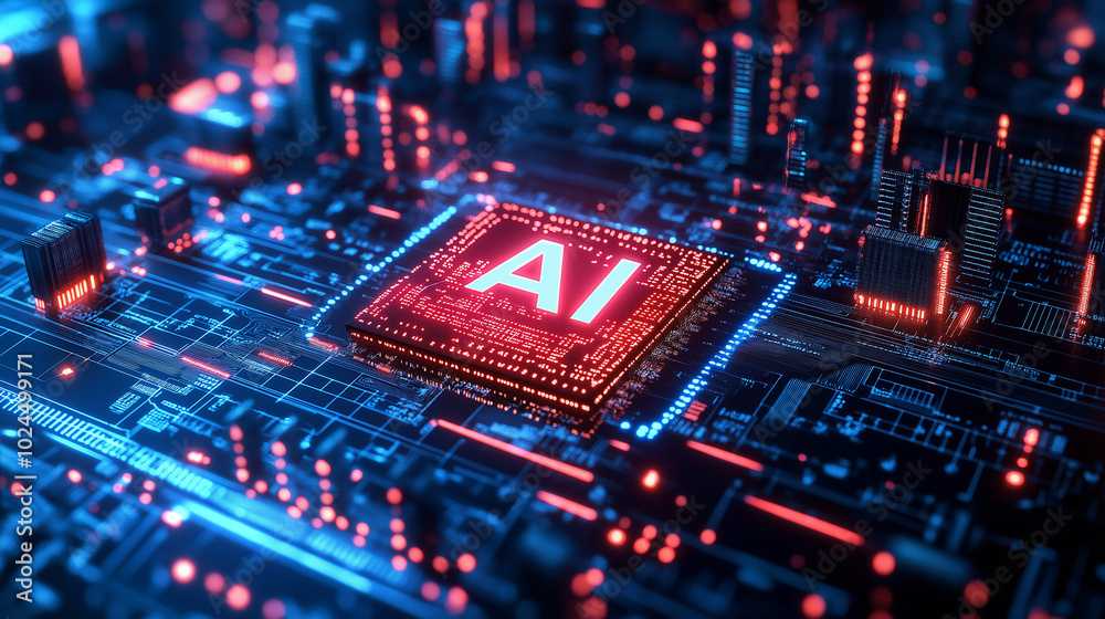 “AI” text embedded on a digital chip in a vibrant neon-lit environment, advanced artificial intelligence circuit board “AI” text embedded on a digital chip in a vibrant neon-lit environment, advanced artificial intelligence circuit board