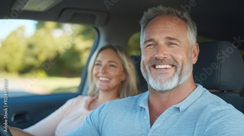 Happy middle-aged man and woman are driving together, laughing and having fun.