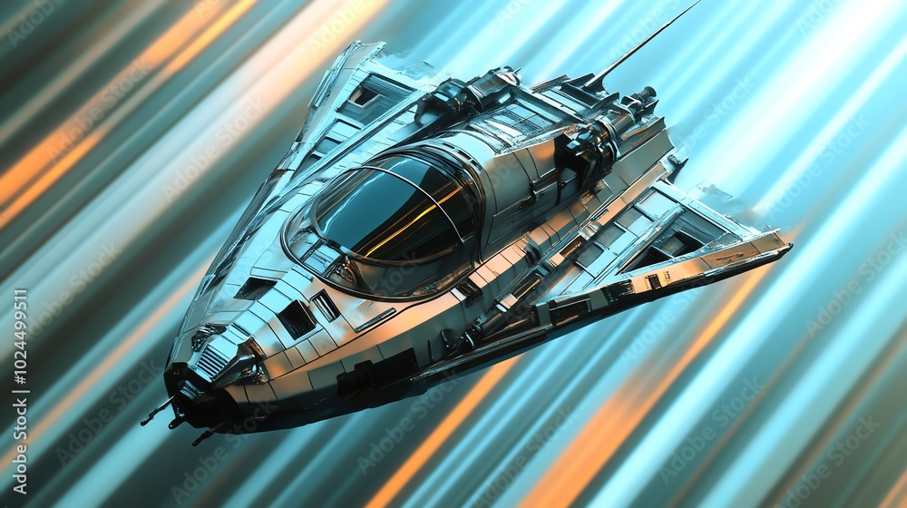 Obraz premium A futuristic spaceship soars through space with a streak of light behind it.