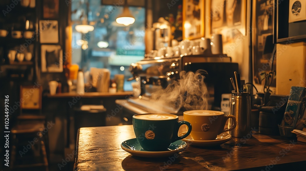 Two steaming cups of coffee sit on a wooden table in a cozy cafe. Two steaming cups of coffee sit on a wooden table in a cozy cafe.