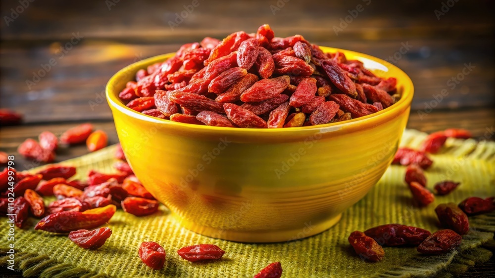 Bright yellow bowl filled with vibrant dried goji berries, a nutritious snack that delights and energizes health enthusiasts seeking delicious, wholesome choices for their diets. Bright yellow bowl filled with vibrant dried goji berries, a nutritious snack that delights and energizes health enthusiasts seeking delicious, wholesome choices for their diets.