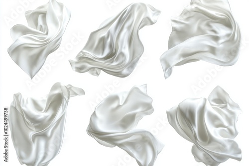 Collection set of 06 white silk satin cloth fabric floating flying in the air on white background