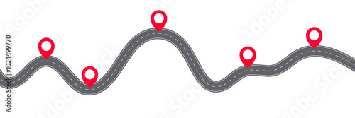 Abstract vector illustration of winding curve asphalt road infographic isolated on a white background. Way location, highway, direction, transportation, pinpointer, timeline concept template